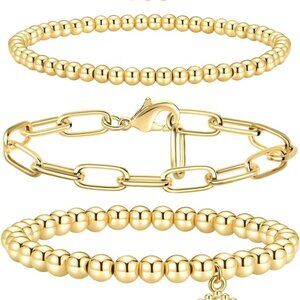 Gold Bracelets for Women, Stackable Initial Beaded Bracelet with Letter Pendant